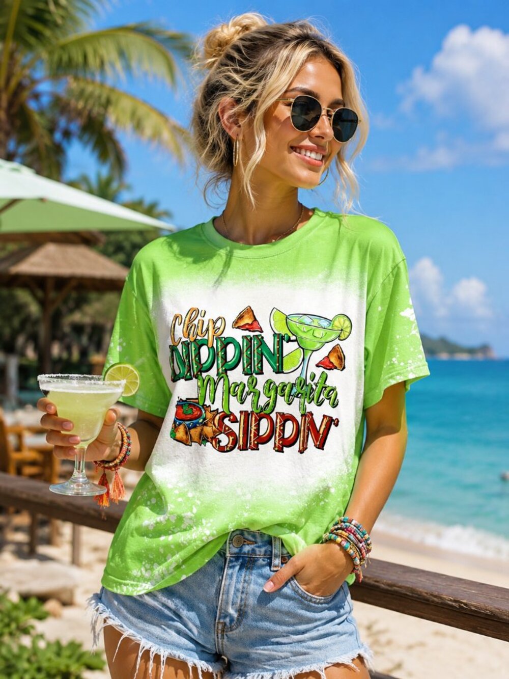 NEW Chip Dippin Margarita Sippin Lime Green Graphic Tee Fiesta Vacation Shirt M